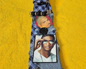 Upcycled Blue Tie Necklace with Jewel accents Monogram – Statement Accessory