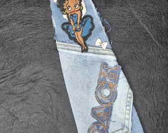 Handmade Denim Tie Necklace with Jeweled accents Monogram – Statement Accessory-Wearable Art