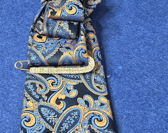 Upcycled Blue Printed Tie Necklace with Jewel accents Monogram – Statement Accessory