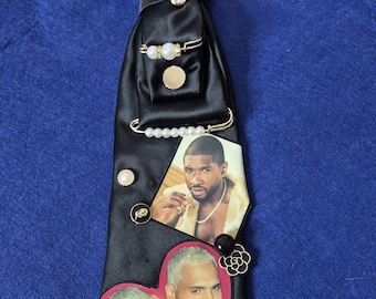 Upcycled Black Tie Necklace with Jewel accents Monogram – Statement Accessory