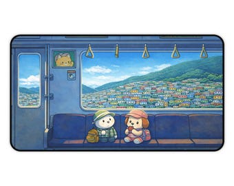 Alfombrilla de escritorio con escena de tren / Viajeros Kawaii, vista de pueblo en la ladera