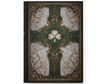 Diario de tapa dura con grimorio de cruz de trébol celta / Verde dorado mate ornamentado