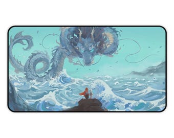 Alfombrilla de escritorio "Encuentro con un dragón marino" / Ilustración fantástica de olas oceánicas
