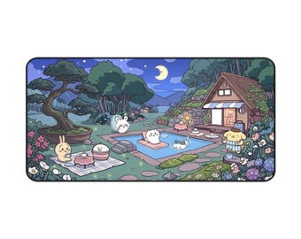 Alfombrilla de escritorio con animales en aguas termales y decoración de una acogedora noche / Ilustración de una escena de baño en una cabaña de cuento.