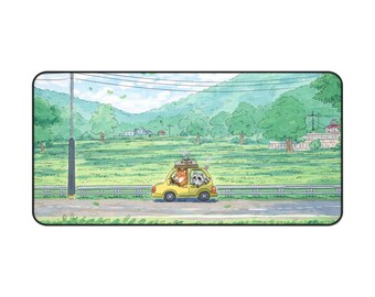 Alfombrilla de escritorio con ilustración de un viaje por carretera rural / Alfombrilla de ratón con ilustración de un coche panorámico