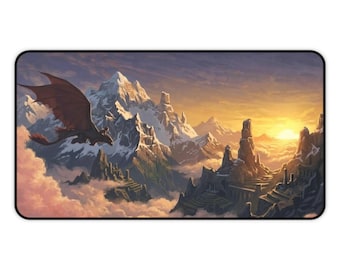 Alfombrilla de escritorio con diseño de dragón sobre el amanecer en la montaña / Paisaje fantástico, alfombrilla para ratón para juegos.