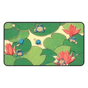 May include: A rectangular mousepad featuring a whimsical illustration. The design showcases green lily pads, pink lotus flowers, and cartoon characters. The background is a light yellow color, and the edges are black.