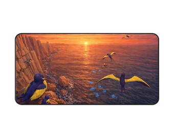 Alfombrilla de escritorio con diseño de acantilado, pájaros y puesta de sol junto al mar / Alfombrilla de ratón con paisaje costero