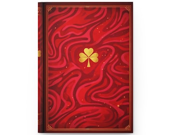 Diario Grimoire del Trébol Negro / Cuaderno de tapa dura con remolinos rojos y emblema del trébol dorado