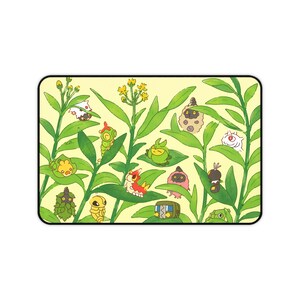 May include: A rectangular mousepad featuring a whimsical illustration of various cartoon-like creatures nestled among green leaves and yellow flowers. The background is a soft yellow, and the mousepad has a black border.