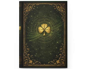 Cuaderno de tapa dura con grimorio verde oscuro y trébol dorado / Trébol de cuatro hojas celta de la suerte