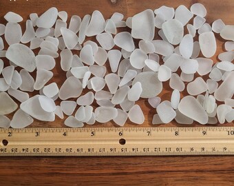 May include: A large collection of frosted white sea glass pieces of varying shapes and sizes, arranged above a wooden ruler that measures up to 11 inches, showing the individual pieces range from approximately 0.25 to 1.5 inches in length.