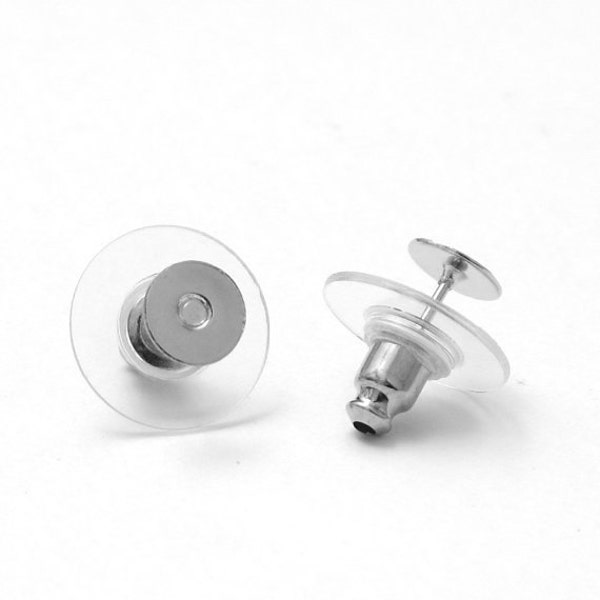 25 pairs Silver Earring Posts Earring Studs Back Stoppers Findings, Rubber Earnuts 10mm Pads, FREE SHIPPING within USA