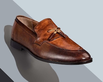 Handmade Brown Leather Tassel Loafers: Men's Dress Moccasins