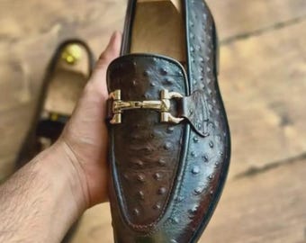 Handmade Ostrich Skin Penny Loafers: Exotic Two-Tone Leather Dress Shoes