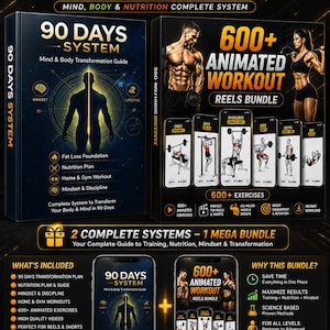 May include: A digital fitness bundle featuring the Ultimate Transformation Bundle, a 90 Days System guide, and a 600+ Animated Workout Reels Bundle. The graphic displays workout plans, nutrition guides, and exercise demonstrations on mobile devices.