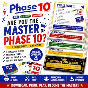 以下が含まれることがあります： Phase 10ゲームの広告。ゲームのロゴ、チャレンジシート、印刷可能なカードがデザインされています。「あなたはPhase 10のマスターですか？」と「6つのチャレンジ。1人のチャンピオン」というテキストがあります。