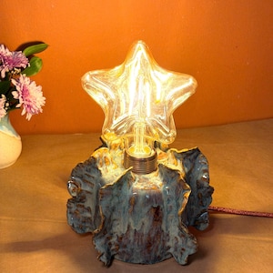 Handmade Ceramic Table Lamp Base, Organic Ruffled Stoneware Desk Light, Unique Blue Brown Glazed Bedside Lamp, Aesthetic Home Decor, E27