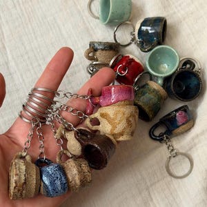 Handmade Ceramic Espresso Mug Keychain, Miniature Stoneware Coffee Cup Charm