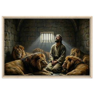 May include: A framed print depicts a man kneeling in a stone cell, surrounded by lions. The man looks upward towards a window with light streaming through. The lions are brown with golden manes.
