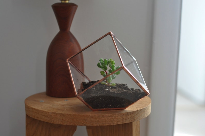 Earth Terrarium Kit, small cube glass planter in copper or silver color -- stained glass -- terrarium supplies -- eco friendly 