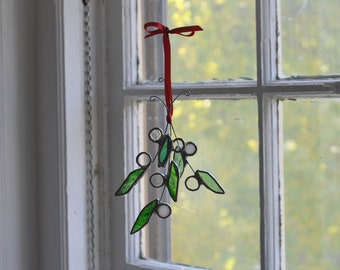 Mistletoe Sprig - holiday ornament - stained glass oranament - christmas ornament - festive - eco friendly - under 50