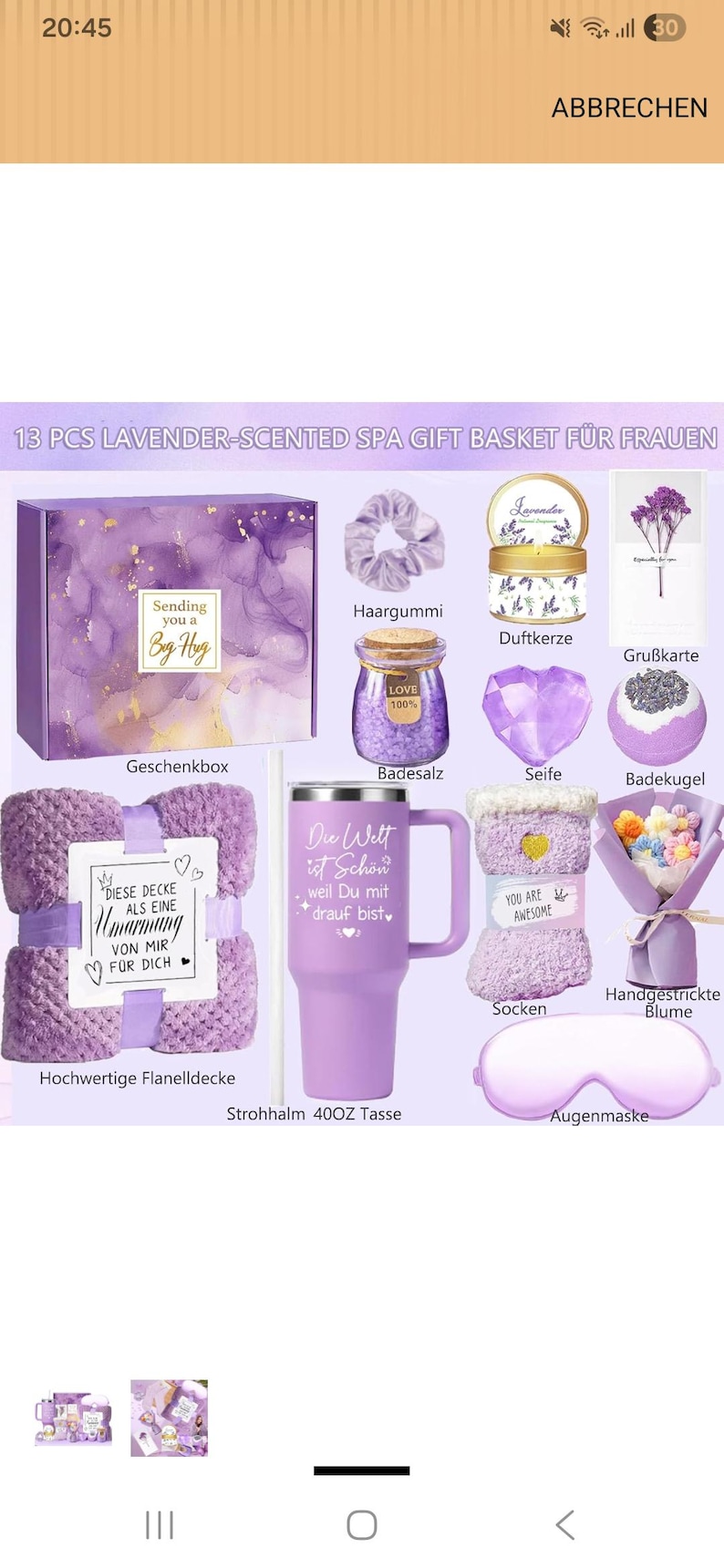 Puede incluir: Un set de regalo de 13 piezas con tem&aacute;tica de lavanda que incluye caja morada, coletero, vela, tarjeta, sales de ba&ntilde;o, jab&oacute;n en forma de coraz&oacute;n, bomba de ba&ntilde;o, manta, vaso de 40oz con pajita, calcetines, flor tejida y antifaz.