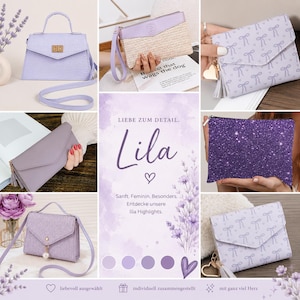Puede incluir: Una colecci&oacute;n de accesorios de color lavanda que incluye bolsos estructurados, una cartera de mano con textura de paja, un estuche brillante y carteras con patrones de lazos, junto a un gr&aacute;fico central con el texto LIEBE ZUM DETAIL. Lila.
