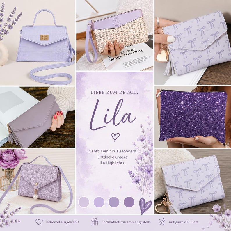 Puede incluir: Una colecci&oacute;n de accesorios de color lavanda que incluye bolsos estructurados, una cartera de mano con textura de paja, un estuche brillante y carteras con patrones de lazos, junto a un gr&aacute;fico central con el texto LIEBE ZUM DETAIL. Lila.