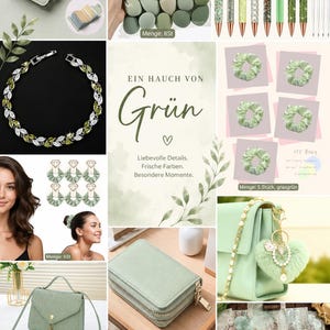 Puede incluir: Una colecci&oacute;n de accesorios en color verde salvia que incluye un tarjetero, esponjas de maquillaje, bol&iacute;grafos con purpurina, una pulsera de cristal con forma de hoja, coleteros, un bolso bandolera, una cartera con cremallera, un llavero de coraz&oacute;n y papel.