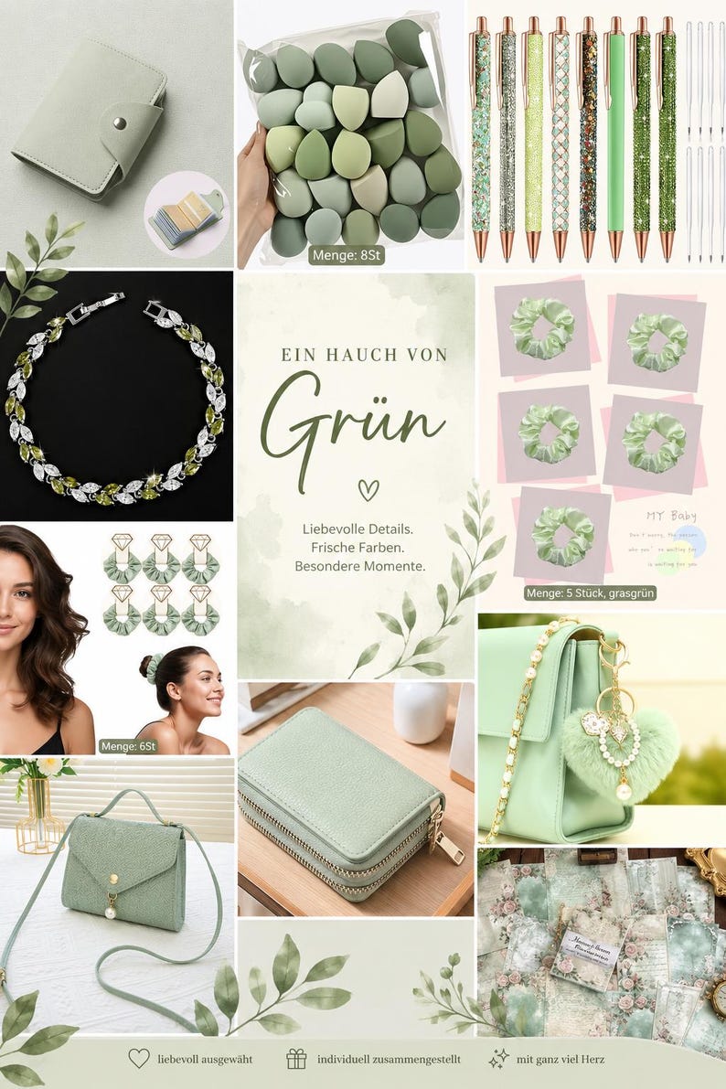 Puede incluir: Una colecci&oacute;n de accesorios en color verde salvia que incluye un tarjetero, esponjas de maquillaje, bol&iacute;grafos con purpurina, una pulsera de cristal con forma de hoja, coleteros, un bolso bandolera, una cartera con cremallera, un llavero de coraz&oacute;n y papel.