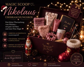 Puede incluir: Una caja de regalo de color granate con la etiqueta Magic Scoop que contiene varios artículos, incluyendo un corazón rosa difuso, una mascarilla, crema de manos, un cuaderno con el texto Für dich mit Liebe, un coletero rosa y una figura de Santa Claus.