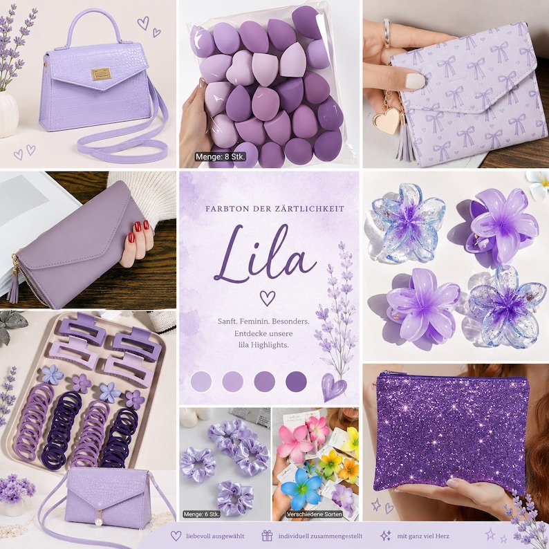 Puede incluir: Una colecci&oacute;n de accesorios morados que incluye un bolso texturizado, un paquete de esponjas de maquillaje, una cartera con estampado de lazos, una cartera larga, pinzas para el pelo en forma de flor, gomas, coleteros y un estuche brillante.