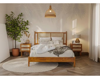 Queen Bed Frame with Rattan Headboard, Wooden Platform Bed Frame, Modern Bohemian Mid Century Bed, Solid Wood Slat Support, No Box Spring