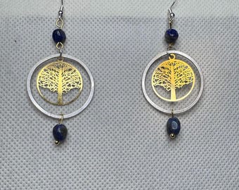 Stainless two tone tree of life earrings with Lapis accents