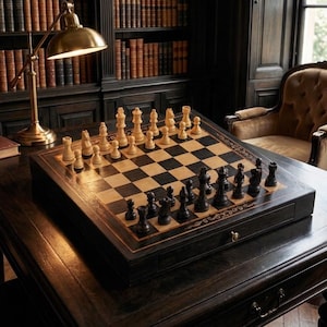 Premium Black Wooden Magnetic Chess Set with Storage Drawer Family Board Game