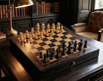 Premium Black Wooden Magnetic Chess Set with Storage Drawer Family Board Game