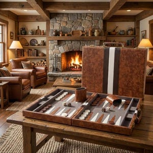 Puede incluir: Un juego de backgammon de cuero marrón con un estuche a juego. El tablero de juego abierto muestra dados y fichas sobre una mesa de madera. El estuche tiene una franja blanca en el centro.