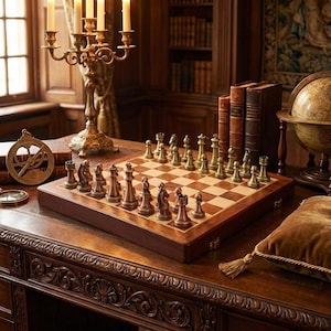 Juego de ajedrez de bronce antiguo de lujo con tablero de madera maciza y piezas de metal, regalo