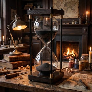 Peut inclure: Un grand sablier avec du sable noir posé sur un bureau en bois. Le sablier a un cadre en bois foncé avec des accents en laiton. Une lampe allumée, des livres et des outils sont sur le bureau. Une cheminée avec un feu brûlant est en arrière-plan.