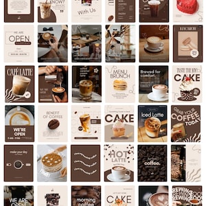 Könnte beinhalten: Eine Sammlung von Werbekarten für ein Café mit verschiedenen Designs. Die Karten zeigen Texte wie "Cafe Latte", "Iced Coffee" und "Cake". Die Farbpalette ist hauptsächlich Braun und Weiß, mit Bildern von Kaffee, Gebäck und Kaffeebohnen.