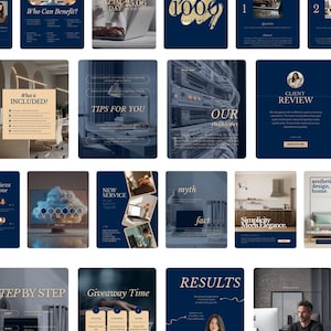 Może przedstawiać: Zbiór grafik promocyjnych dla marketingu cyfrowego i usług biznesowych. Grafiki zawierają tekst, w tym "Kto może skorzystać?", "Wskazówki dla Ciebie", "Nasza misja" i "Wyniki", na ciemnoniebieskim tle.