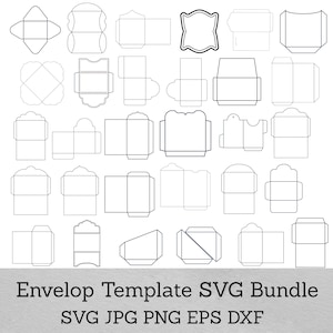 Op de afbeelding: Een verzameling envelopsjablonen in diverse vormen en maten, omlijnd in zwart op een witte achtergrond. De tekst "Envelope Template SVG Bundle" staat onderaan, samen met bestandsopties: SVG, JPG, PNG, EPS en DXF.