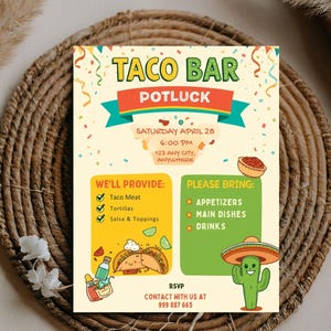 Bearbeitbares Taco Bar Potluck Zeichen, Fiesta Cinco de Mayo Flyer (Digitaler Download)