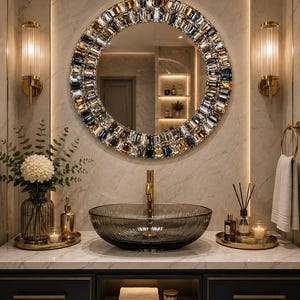 May include: A round wall mirror featuring a decorative frame composed of multiple rows of faceted, rectangular glass crystals in shades of clear, amber, and dark blue, mounted above a dark gray glass vessel sink with a gold faucet on a marble vanity.