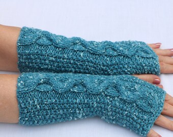 Fingerless Gloves. Knit Women's Arm Warmers. Purple, Blue, Wine with Flecks. Winter Wool Cable Hand WarmersGift.