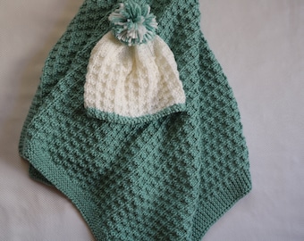 Baby Hat Blanket PDF Knitting Pattern -- Textured Baby Set Knit Pattern PDF-- Seafoam Baby Hats Baby Afghan -- DIY Gift .