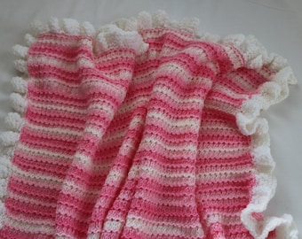 Baby Blanket  with  Ruffle. Knitting Pattern PDF- Diy gift for Baby Girl. Knit pattern PDF Baby Girl Pink Blanket with Ruffle edge.