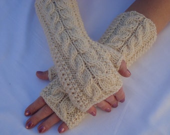 Cable Knit Fingerless Gloves with Thumb, Wool Arm Warmers for Women,  Cable Knit Mittens, Winter Hand Warmers .Tech Friendly Gloves