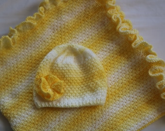 KNITTING Pattern for Baby Hat and Blanket Set.Ray of Sunshine Baby Beanie Hat with Flower. Blanket with Ruffle. Knit pattern. Baby Girl.